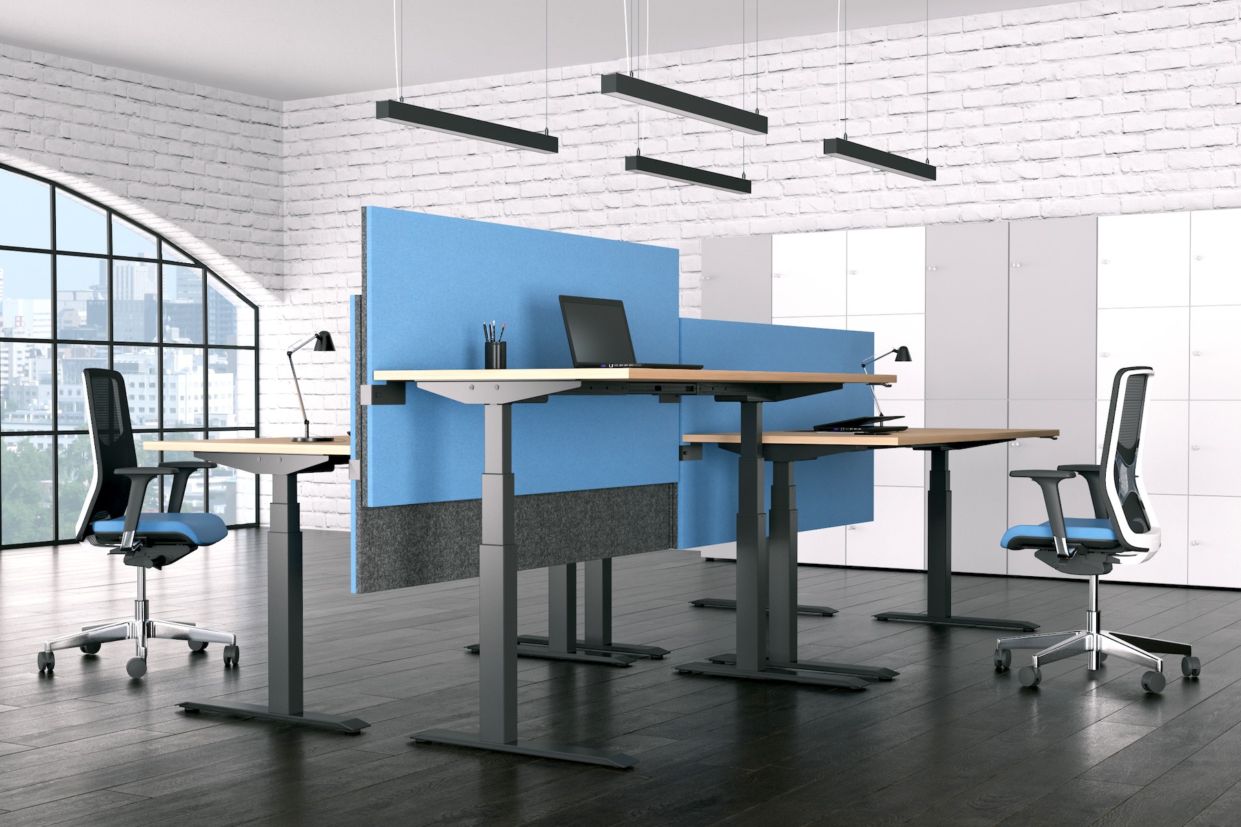 biurka regulowane elektrycznie trzykolumnowe ze ściankami w dwóch kolorach