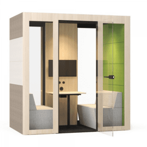 Biurowa Budka Do Spotkań, kabina akustyczna dla dwóch osób, wewnętrzne panele akustyczne zielone, pufy i zewnętrzne panele szare