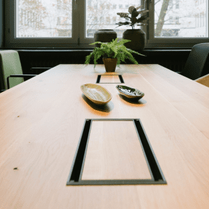stół konferencyjny z blatem drewnianym i przepustami na kable