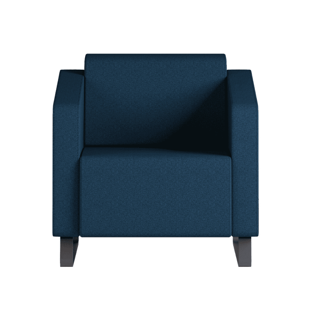 fotel niski dla gości z niebieską tapicerką na grafitowej płozie