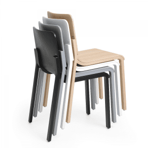 designerskie krzesła konferencyjne ze sklejki barwionej na kolor biały, błękitny i czarny
