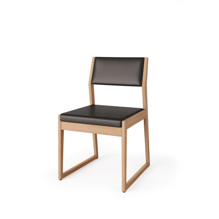 Klasyczne drewniane krzesło WOODBE krzesło drewniane na płozach z oparciem i siedziskiem z czarnej skóry
