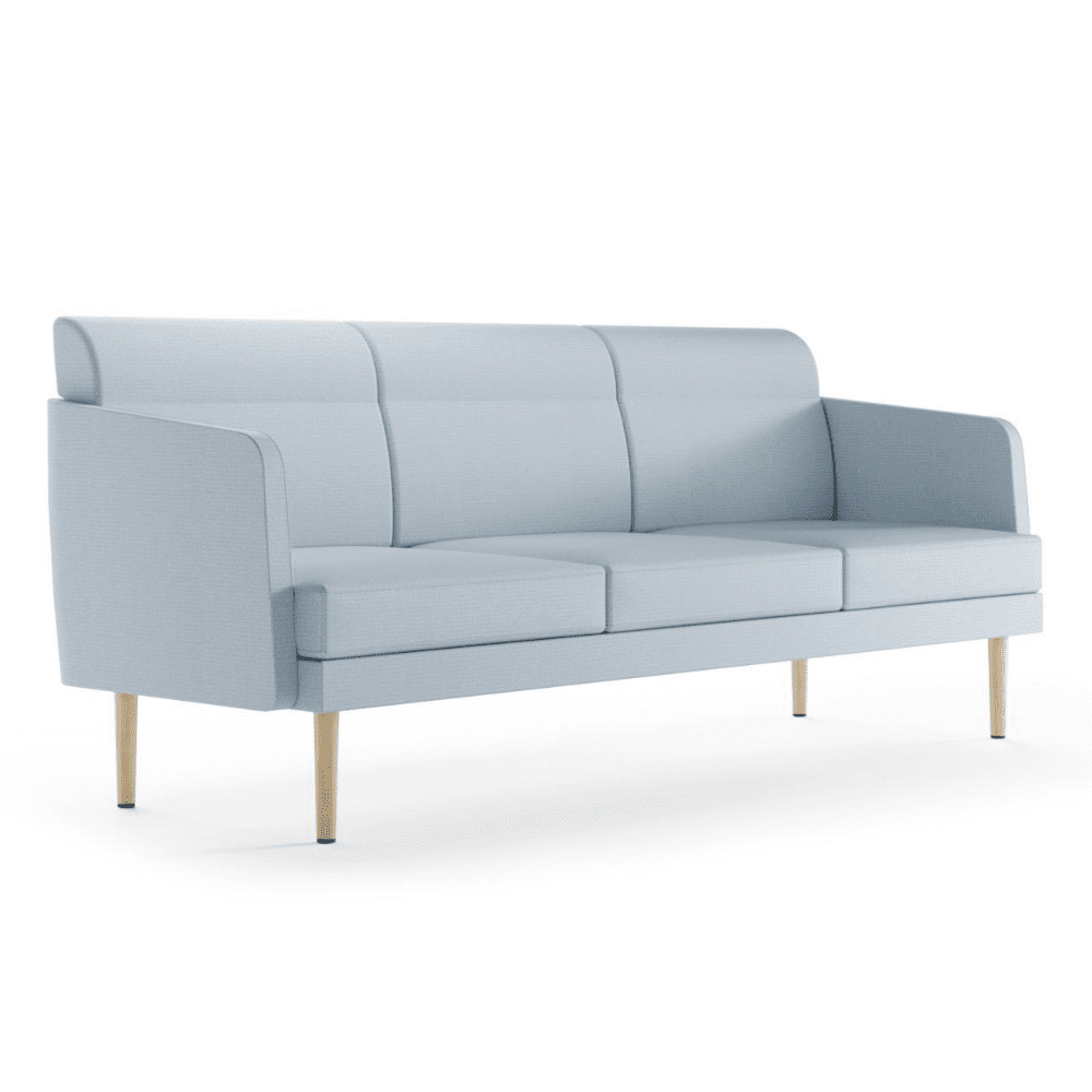 niebieska sofa trzy-osobowa do biura nogi drewniane