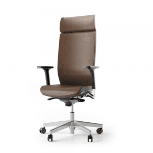 nowoczesny biurowy fotel tapicerowany brązową skórą