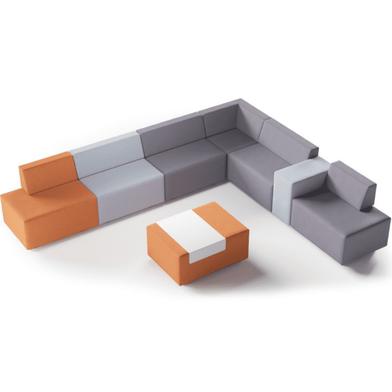 zestaw sof systemowych z elementami w kontrastowych kolorach pomarańczowym błękitnym i szarym Biurowa sofa systemowa JAZZ
