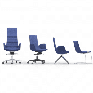 niebieskie fotele do gabinetu na różnych podstawach obrotowe i konferencyjne