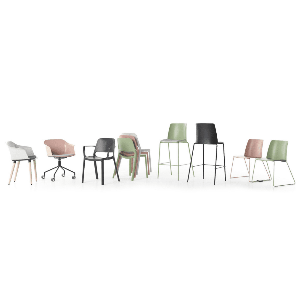 plastikowe krzesła różnego przeznaczenia w modnych kolorach avocado, rose, grafit