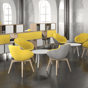 zestawy żółte fotele wypoczynkowe z białymi stolikami kawowymi w biurze Fotel TULA do biura