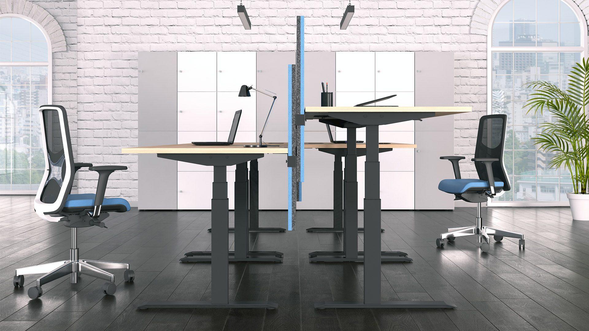 ACTIVE Biurko Regulowane NARBUTAS biurka z regulowaną wysokością blatu stelaż grafitowy blaty drewnopodobne ścianki między biurkami dwukolorowe krzesła biurkowe dopasowane kolorystycznie do ścianek