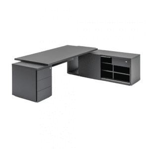 biurko gabinetowe w kolorze czarnym z blatem opartym na pomocniku i kontenerze MITO FENIX