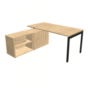 biurko oparte na szafce biurko na pomocniku stelaż metalowy czarny płyta imitująca drewnoOGI U