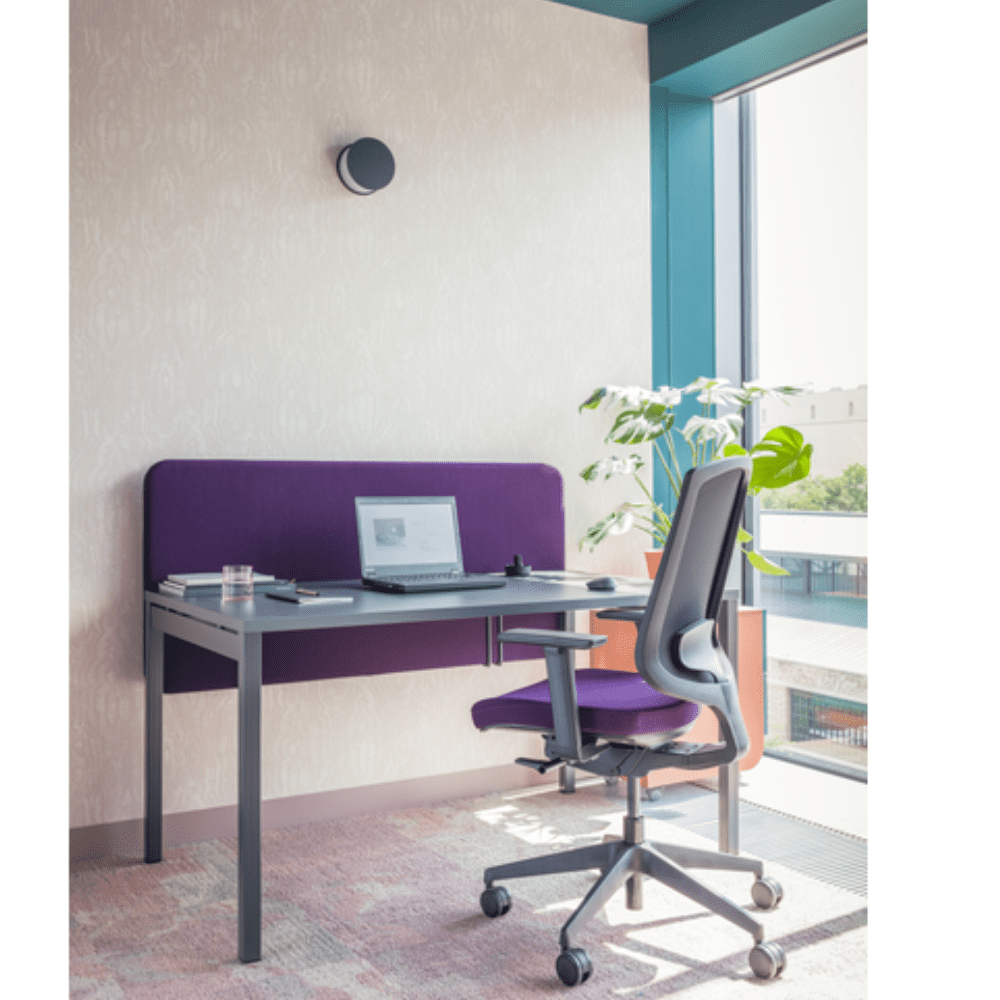 grafitowe biurko do biura stelaż metalowy na czterech nogach fotel biurowy obrotowy na kółkach stelaż czarny siedzisko tapicerowane fioletowe oparcie siatkowe z podparciem lędżwiowym
