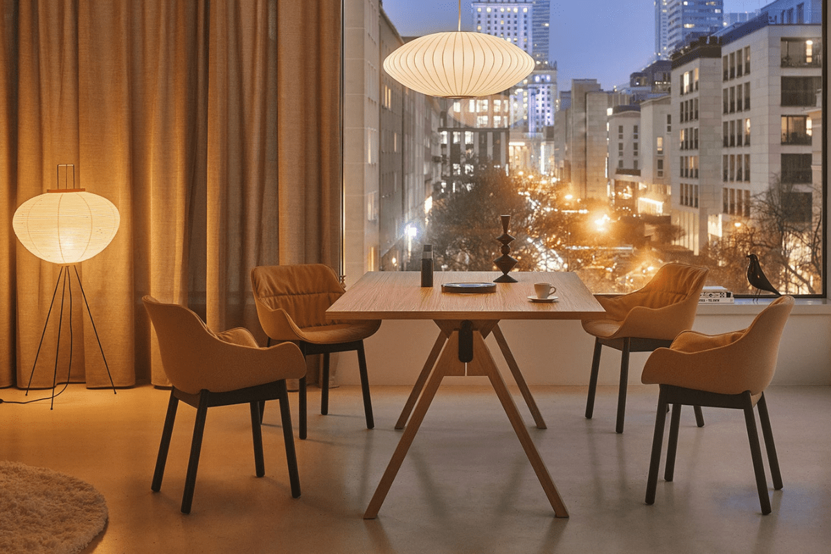 dębowy stół konferencyjny Viga w aranżacji domowej z miękkimi fotelami i ciepłym światłem lampy