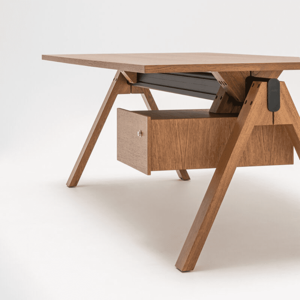 designerskie biurko drewniane połączenie aluminum i drewna biurko z szufladą pod blatem