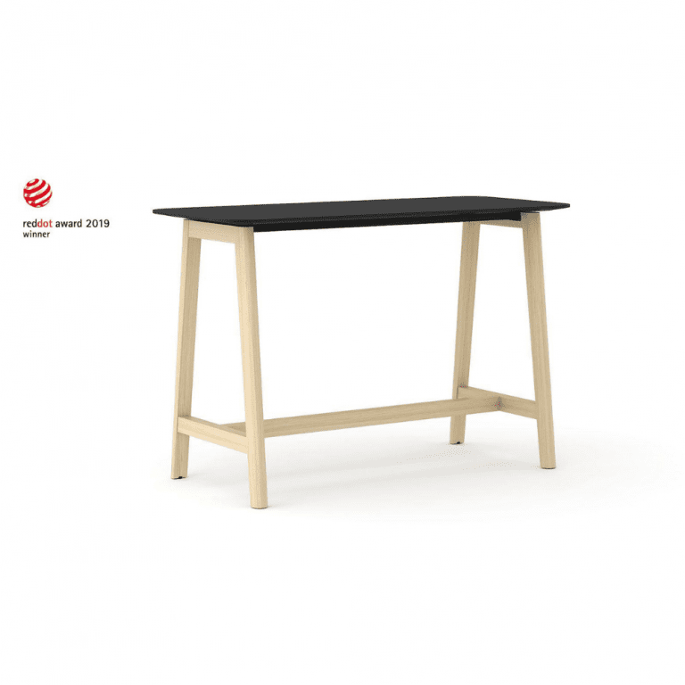 designerski Wysoki Stół Do Spotkań na stojąco w biurze blat z czarnej płyty HPL podstawa stołu drewniana NOVA Wood