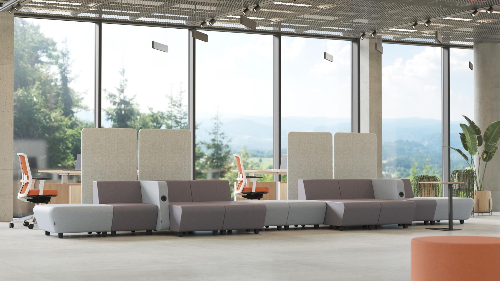 meble biurowe- sofy systemowe, panele akustyczne, biurka regulowane, ergonomiczne krzesła obrotowe w open space