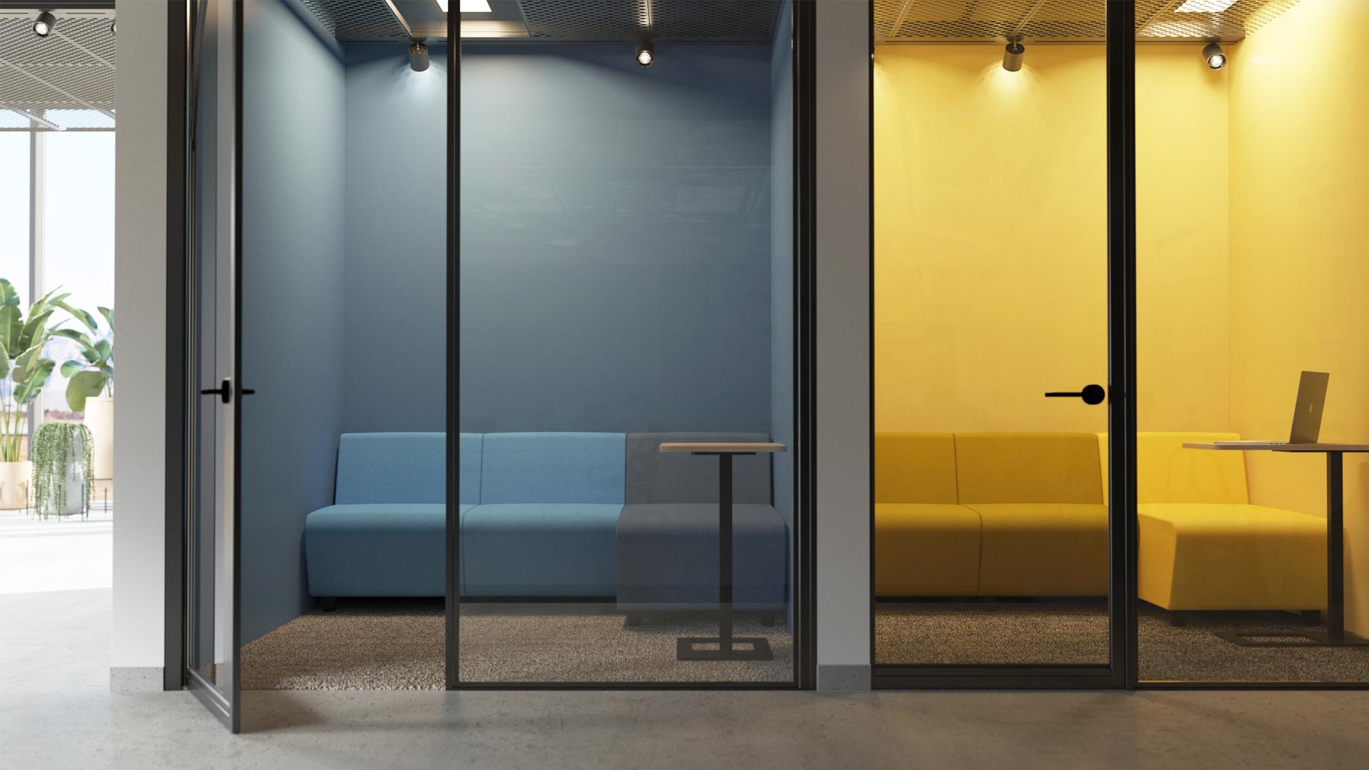 dopasowane do kolorów ścian żółte i niebieskie sofy systemowe do biura